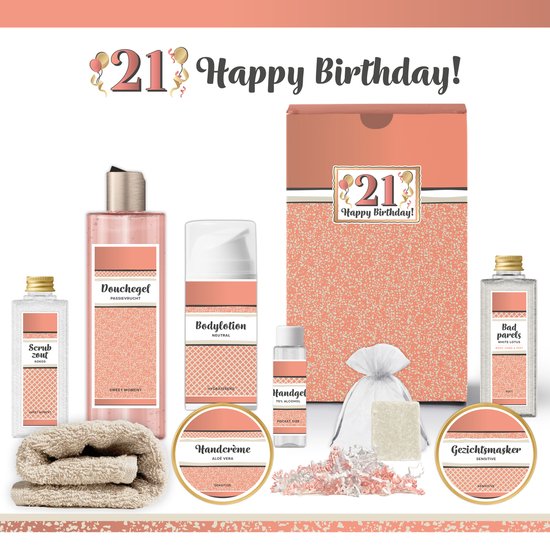 Geschenkset “21 Jaar, Happy Birthday!” - 9 producten - 790 gram | Luxe Cadeaubox voor haar - Wellness Pakket Vrouw - Giftset Vriendin - Cadeaupakket Collega - Cadeau Zus - Verjaardag - Gefeliciteerd Cadeau - Goud - Zalmroze