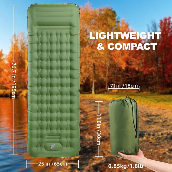 Zelfopblazende slaapmat, campingluchtmatras met voetperspomp en kussen, opblaasbare slaapmat voor buiten, ultralicht waterdicht voor wandelen, buitenshuis, kamperen, reizen 195 x 65 x 12 cm - blauw van Lazaluka — afbeelding 4
