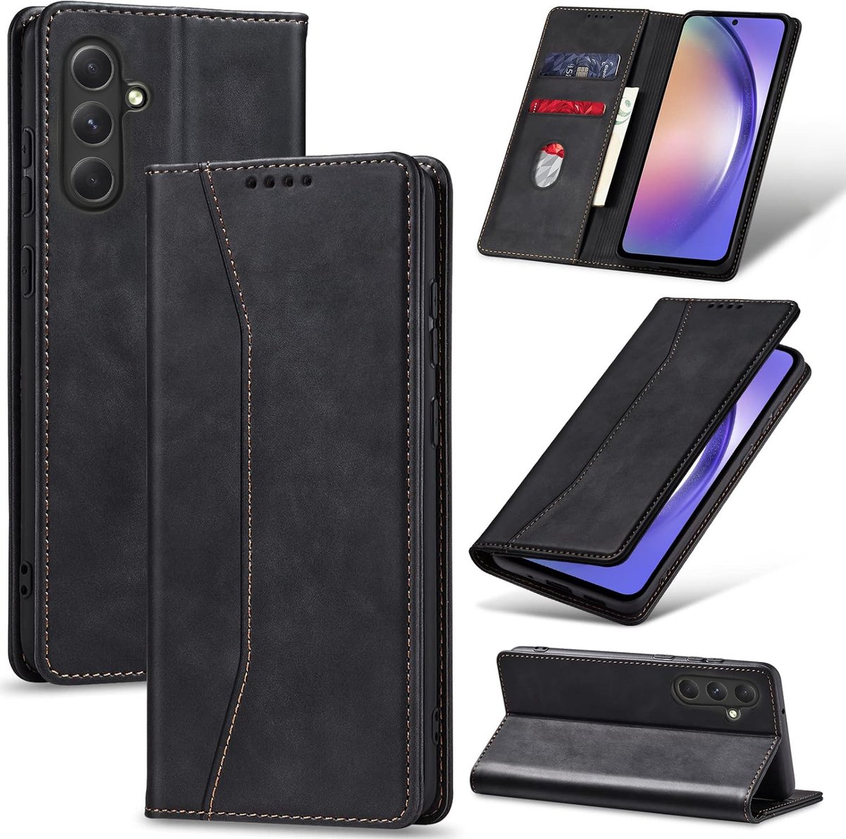 Nuvex Hoesje met Pasjeshouder geschikt voor Samsung Galaxy A54 Zwart Telefoonhoesje - Anti-Shock Bookcase Cover met 1x Screenprotector