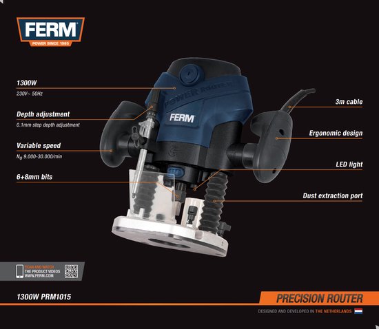 FERM - PRM1015 - Bovenfrees - 1300W - 2 Spantangen - 6mm - én - 8mm - Stofzuiger adapter - Ingebouwde - LED werkverlichting - Freesdiepte 60mm - Freesdiameter 30mm - 6-delige - Freesset - Parallelgeleider - Sjabloongeleider - Precisie bovenfrees