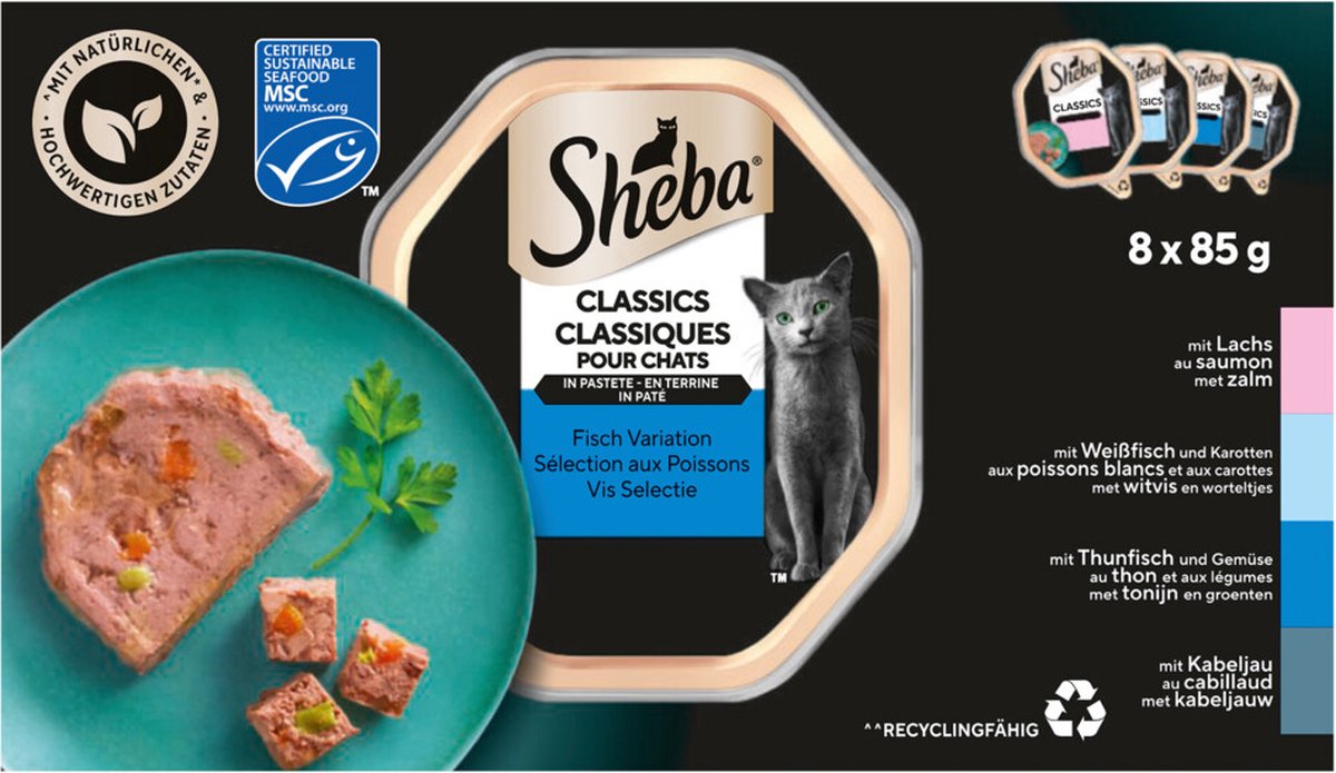 Sheba Sheba Adult Kattenvoer Classic Paté Natvoer Vis Kuipjes - 8 x 85 gr