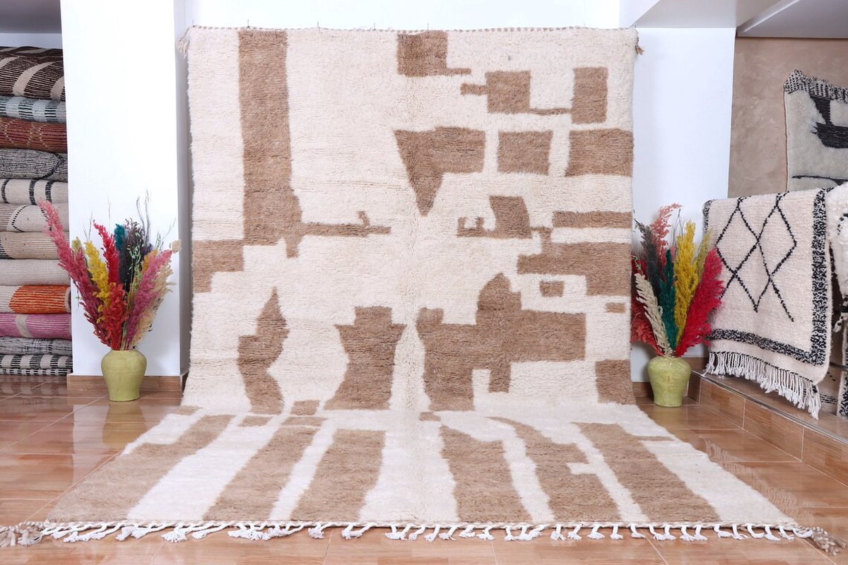 Handgeweven Berber Tapijt ''Boujaad'' - 300 x 205 cm - Uniek en handgemaakt - Hoogpolig vloerkleed met een bruin creme patroon – 100 % natuurlijk wol"