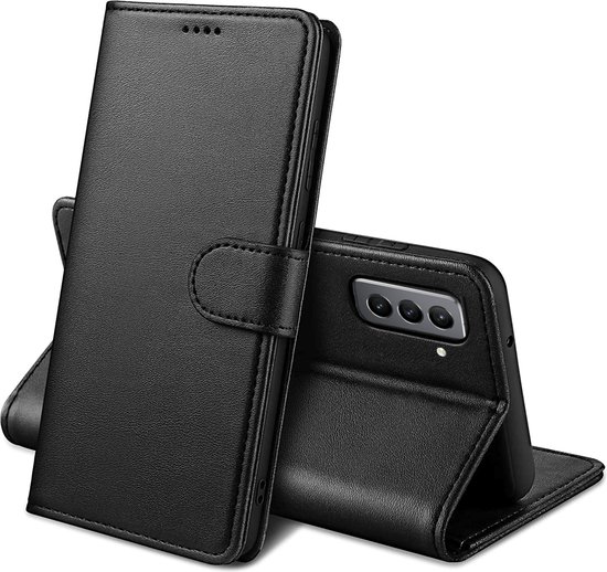 Étui portefeuille noir à rabat, avec béquille et découpe caméra pour Samsung Galaxy S21 FE 5G.
