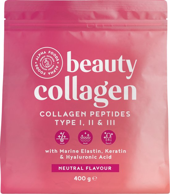 Alpha Foods Beauty Collageen - poeder met mariene elastine, hyaluronzuur, keratine en silicea - collageenhydrolysaatpeptiden type I, II, III & IV - neutraal van smaak - 400g