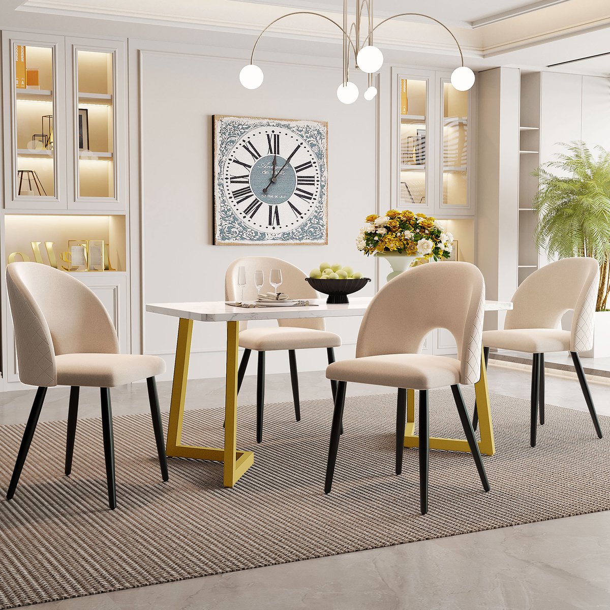 Sweiko Eettafel Set, 117×68cm Eettafel met 4 Stoelen,Rechthoekige Eettafel Moderne Keukentafel Set,Fluwelen Eetstoel met Diamantpatroon,Verstelbare Stoelboten,Beige Fluweel,Gouden Tafelpoten