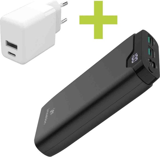 imoshion Powerbank 20000 mAh - Snellader 22.5W - USB C & USB A - Zwart & USB C / USB A Oplader Adapter 20W - Wit