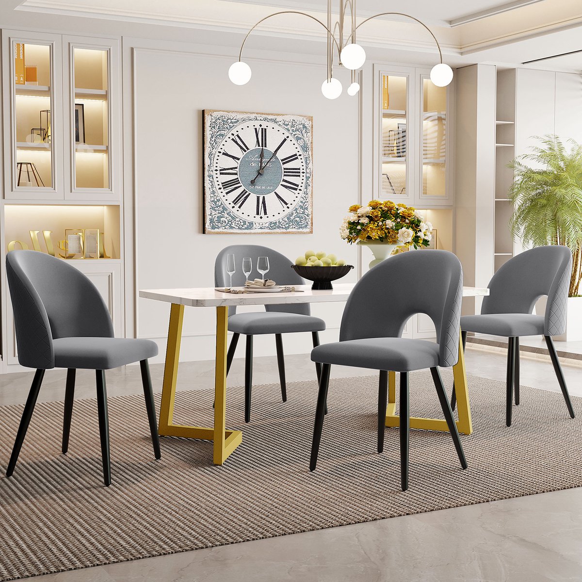 Sweiko Eettafel Set, 117×68cm Eettafel met 4 Stoelen, Rechthoekige Eettafel Moderne Keuken Tafelset, Fluweel Eetstoel met Diamant Patroon, Verstelbare Stoelboten, Grijs Fluweel, Gouden Tafelpoten