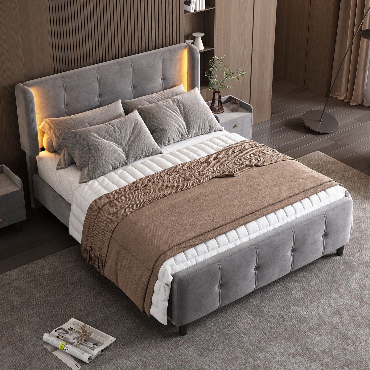 Sweiko Gestoffeerd bed, Tweepersoonsbed met 16-kleurige LED strips aan de zijoren, Gewatte