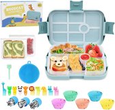 Lunchbox voor kinderen 1000 ml 23 stuks, bentobox met 6 compartimenten, lunchbox, lunchbox, robuust en lekvrij, luchtdicht, ontbijtdoos geschikt voor magnetrons en vaatwassers, blauw