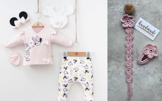 Minnie mouse Daisy - Baby newborn 5-delige kleding set meisjes - Fopspeenkoord en haarclip cadeau - Newborn kleding set - Newborn set - Babykleding - Babyshower cadeau - Kraamcadeau