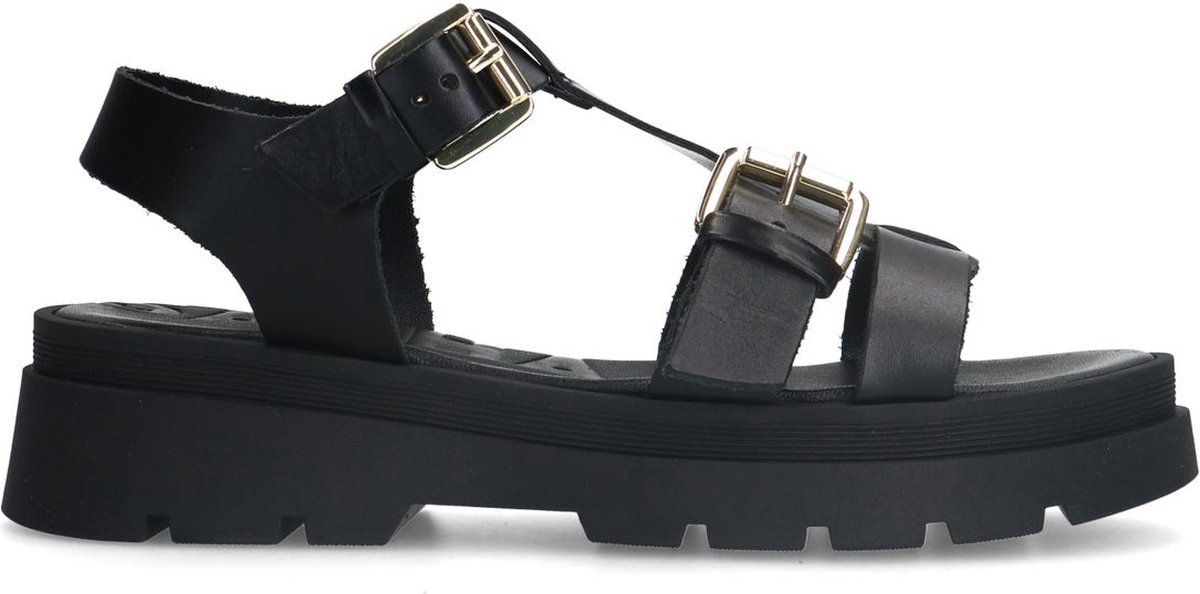 Sacha - Dames - Zwarte leren plateau sandalen met goudkleurige buckles - Maat 39