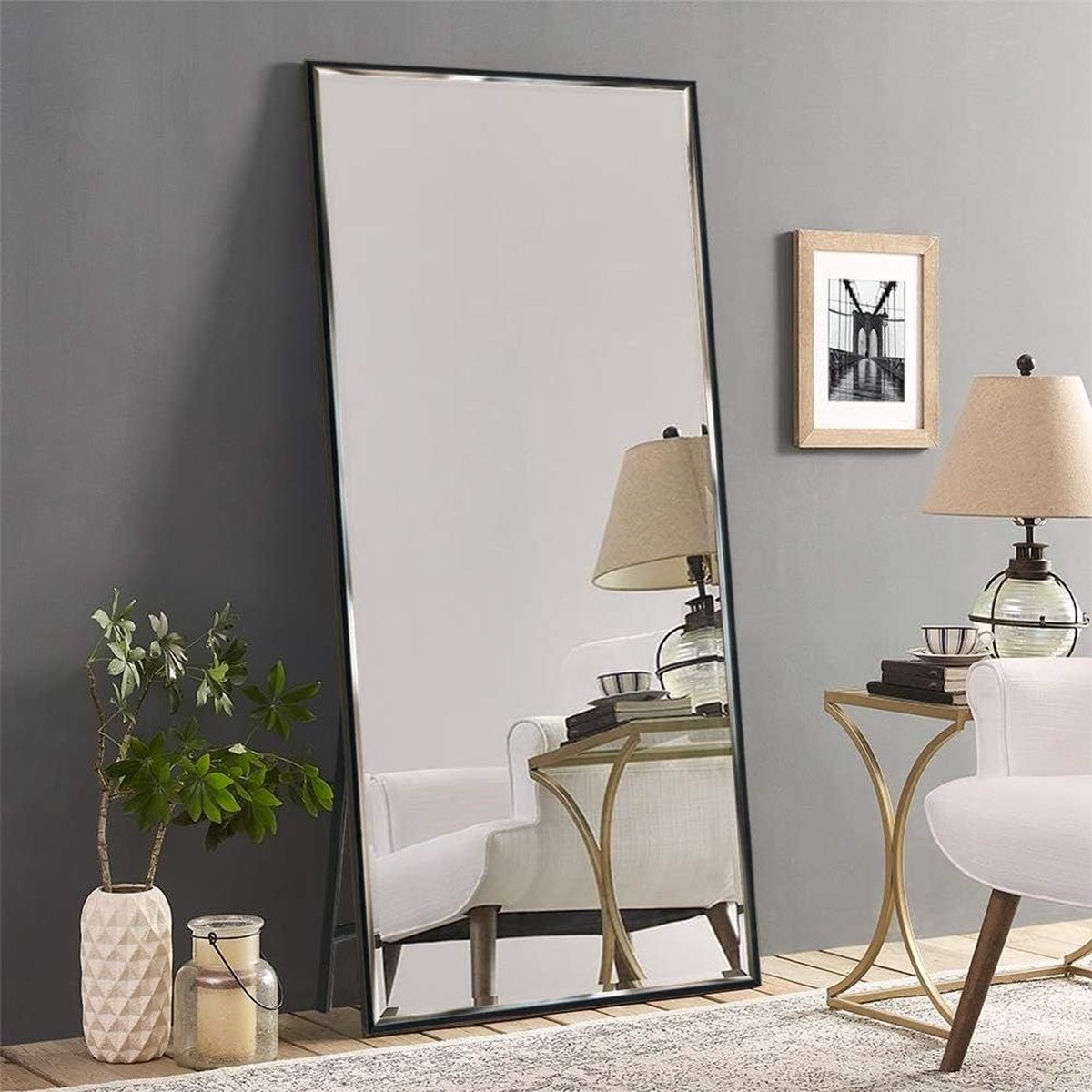 165 x 60 cm full-body spiegel, aankleedspiegel met zwart frame, grote