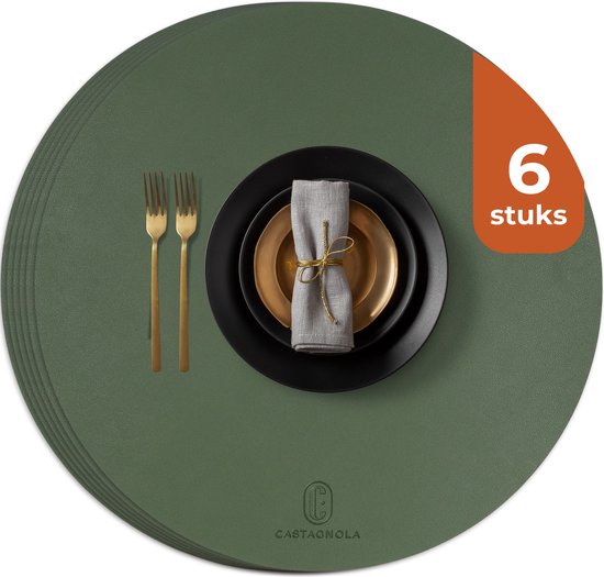 Castagnola Lederlook Placemats - Ronde Placemats - Antislip Placemat van Kunstleer - Waterafstotende Onderlegger - Onderzetter - 6 Stuks - Diameter 38 cm - Groen