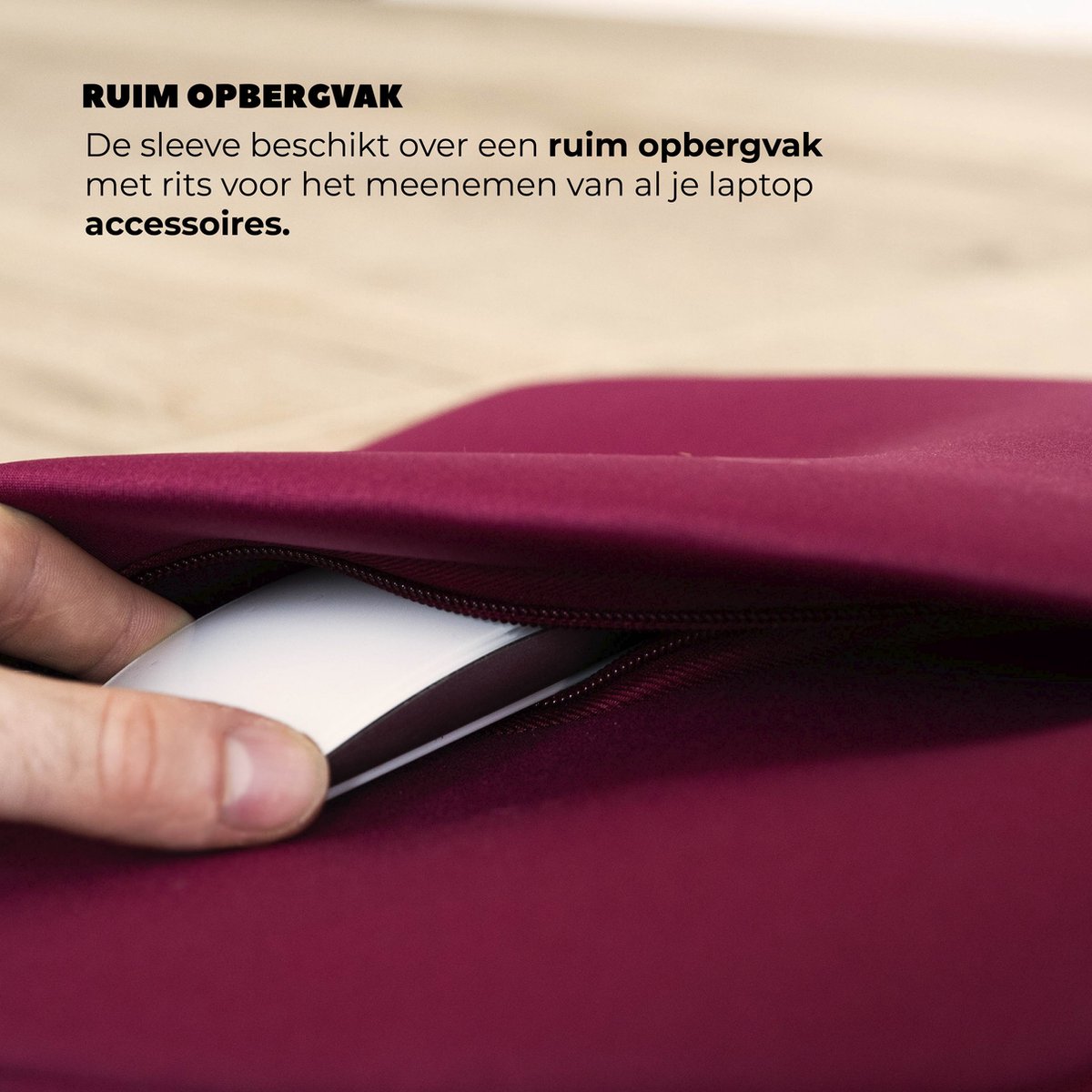 Laptophoes 15,6 inch bordeaux waterafstotend krasbestendig soft velvet binnenkant met ritssluiting, lichtgewicht - Afbeelding 5