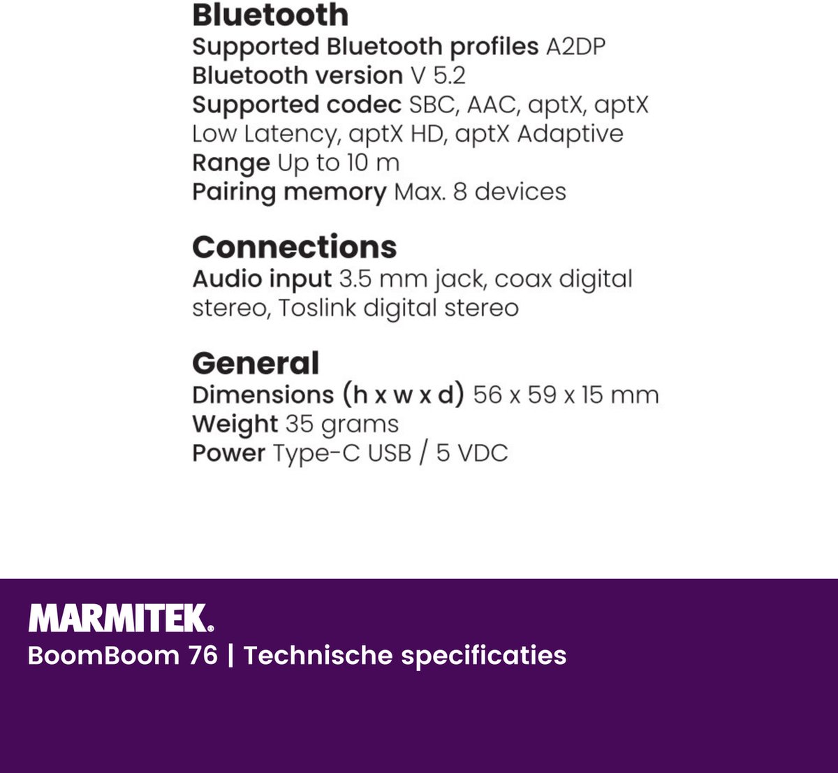 Récepteur Bluetooth Marmitek BoomBoom 76 - Pour Voiture Et Maison, AptX, NFC, Batterie Portable, Mains Libres, Qualité Sonore Optimale