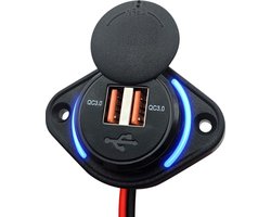 12V USB Autolader 2 Poorten Opbouw - QC3.0 - POUSB-2QC - USB Stopcontact Auto, Boot en Camper - Blauw