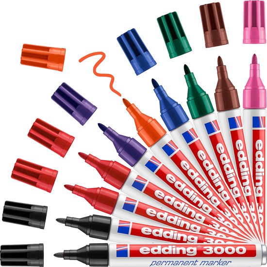 Tien edding 3000 permanente markers, waaronder zwart, rood, paars, oranje, blauw, groen, bruin en roze, met bijbehorende dopjes. Een oranje streep is getekend.