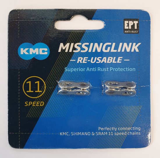 KMC MissingLink zilverkleurige 11-speed kettingverbinders, twee stuks in verpakking.