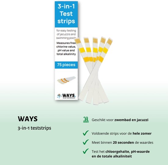 WAYS 3-in-1 teststrips voor zwembad en jacuzzi, met gele en witte strips op een witte achtergrond.