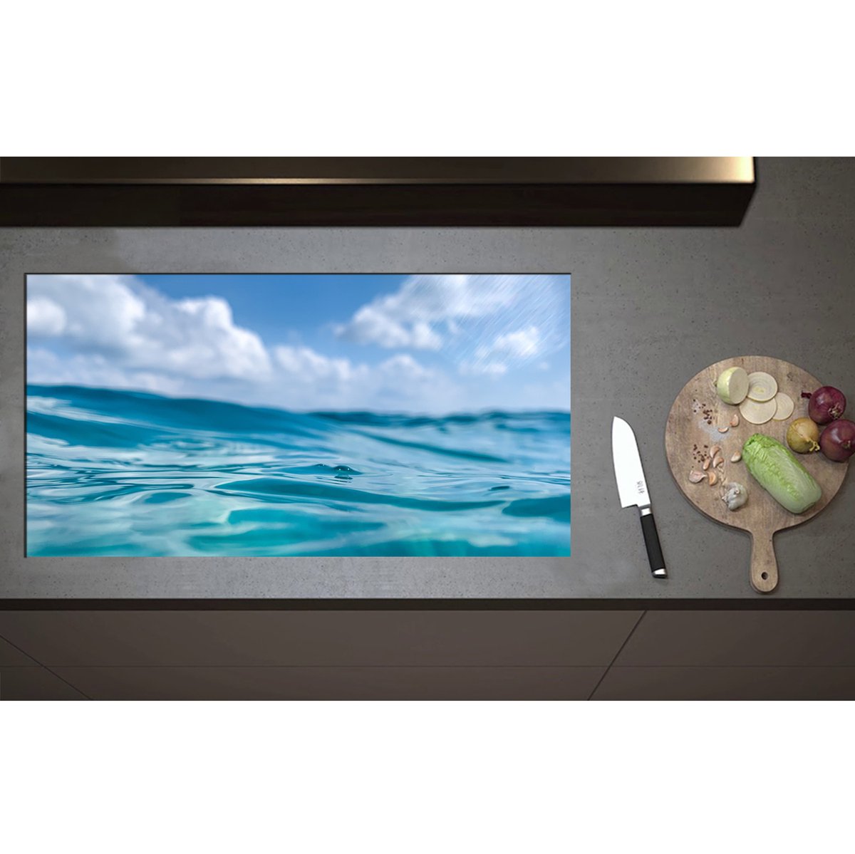 Inductieplaat Beschermer - Abstract uitzicht van de Blauwe Oceaan - 95x50 cm - 2 mm Dik - Inductie Beschermer - Bescherming Inductiekookplaat - Kookplaat Beschermer van Wit Vinyl