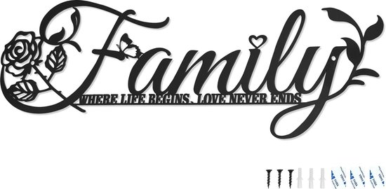 Family Where Life Begins Love Never Ends Word Sign Wall Decor metaal zwart wanddecoratie voor slaapkamer, keuken, binnen en buiten (A