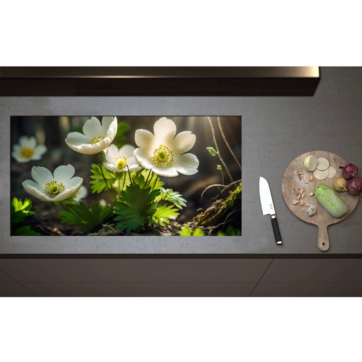 Inductieplaat Beschermer - Anemoon Bloemen in Bos met Zonnestralen - 95x50 cm - 2 mm Dik - Inductie Beschermer - Bescherming Inductiekookplaat - Kookplaat Beschermer van Zwart Vinyl