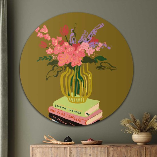 Muurcirkel Vaas met bloemen op stapel boeken | Forex | Ø 120cm | Inclusief ophangsysteem