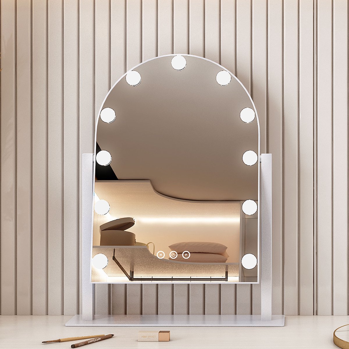 Goedkoopste Sefaras Hollywood make-up Spiegel - Boogvorm - 12 LED-Lampen - 3 Lichtkleuren - Inclusief X5 Vergrootglas - Dimbaar