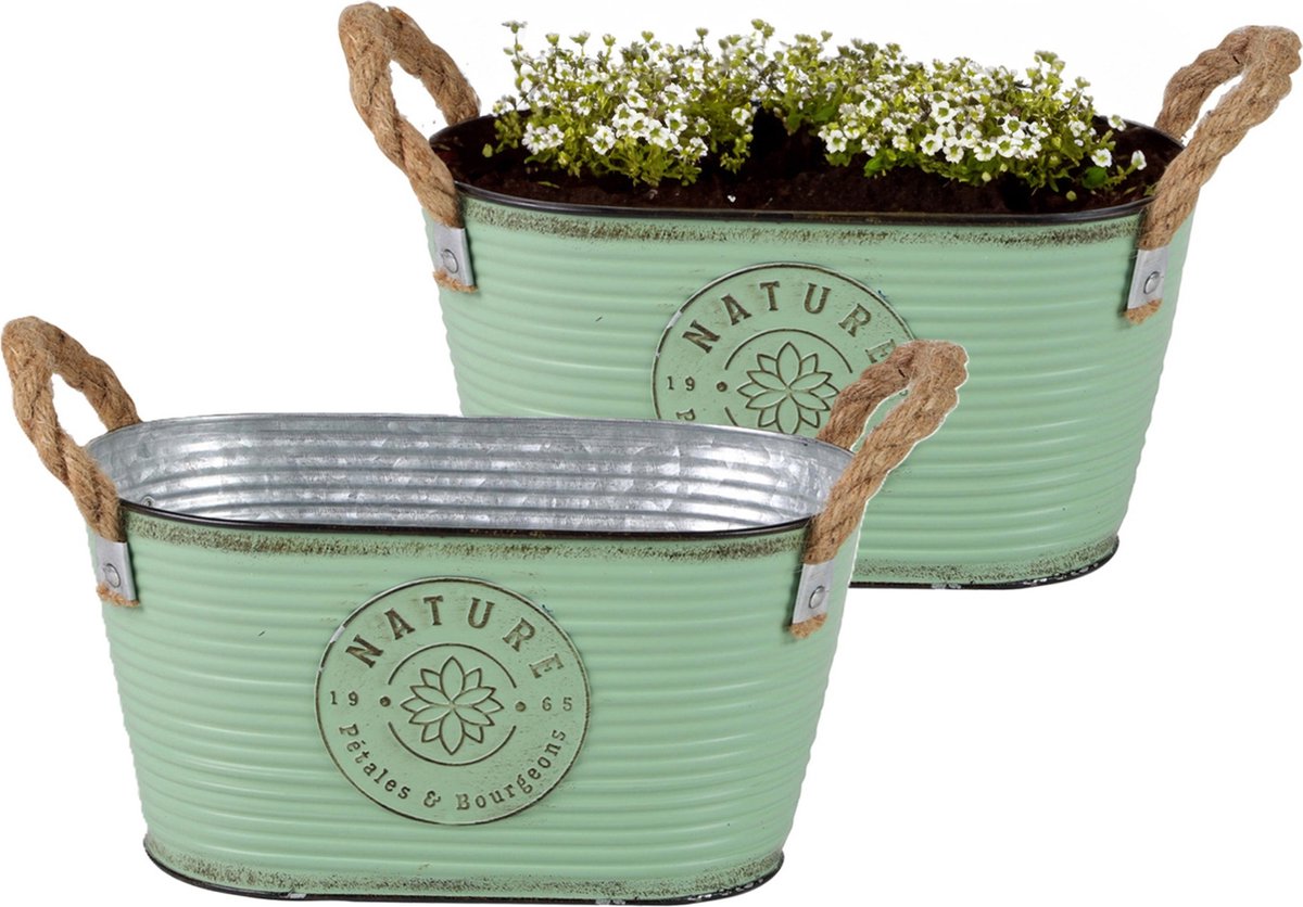 Goedkoopste Sunnydays Teil/plantenpot/bloempot - 2x - zink - jadegroen - L24 x D14 x H12 cm