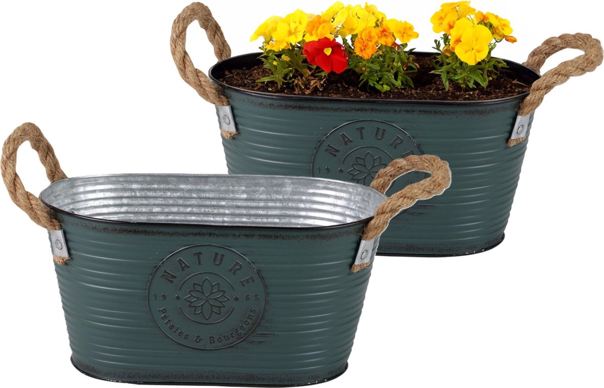 Goedkoopste Sunnydays Teil/plantenpot/bloempot - 2x - zink - petrolblauw - L24 x D14 x H12 cm