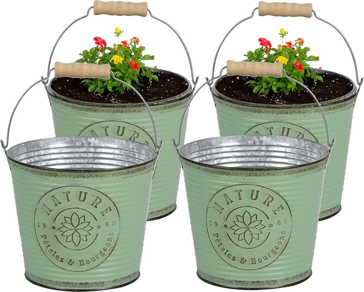 Goedkoopste Sunnydays Emmer/plantenpot/bloempot - 4x - zink - jadegroen - D23 x H22 cm