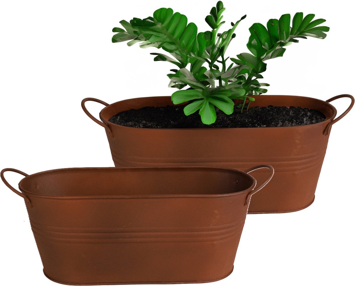 Goedkoopste Sunnydays Teil/plantenpot/bloempot - 2x - zink - roestbruin - L34 x D12 x H13.5 cm