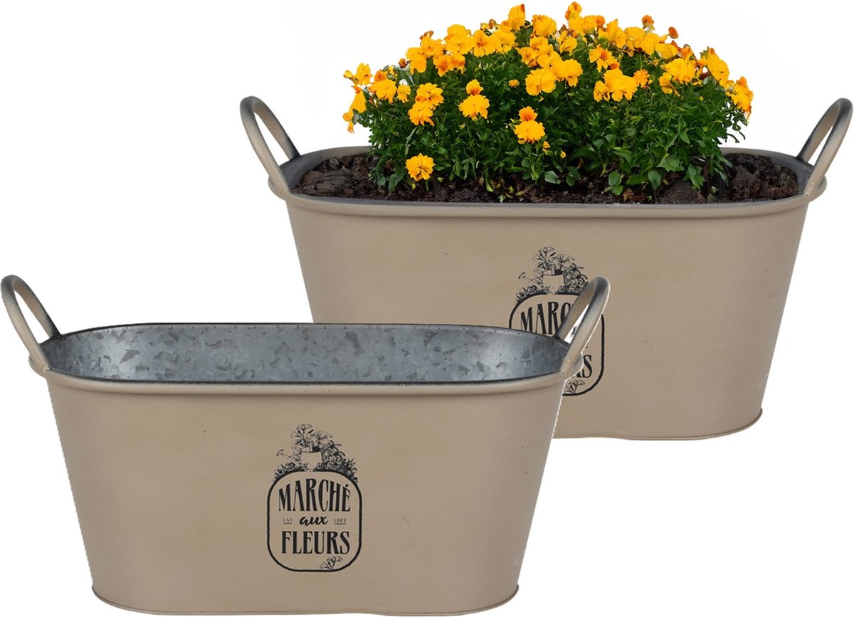 Goedkoopste Sunnydays Teil/plantenpot/bloempot - 2x - zink - taupe - L39 x B16 x H21 cm
