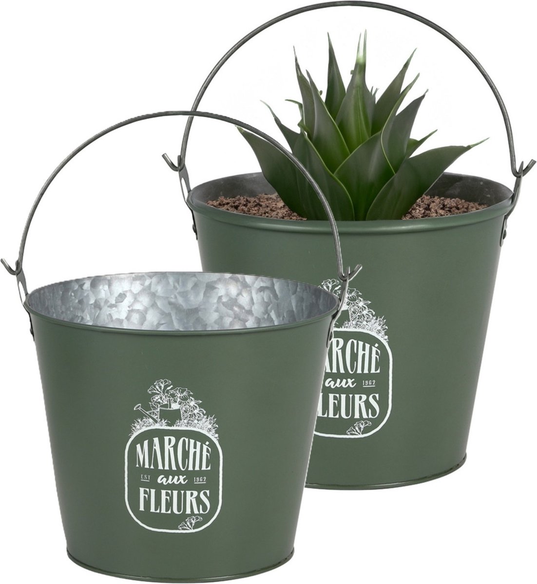 Goedkoopste Sunnydays Emmer/plantenpot/bloempot - 2x - zink - legergroen - D24 x H19 cm