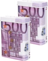 Sigarettendoosje of klein opslag blikje - 2x - metaal -500 euro biljetten print - met deksel - 7 x 9.5 x 2.5 cm