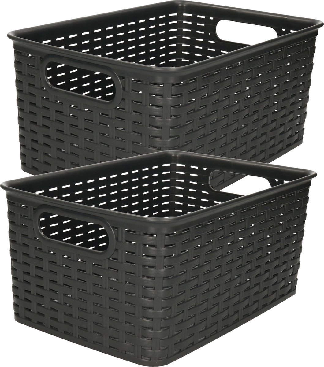 Plasticforte Opbergmand - 2x - Kastmand - rotan kunststof - zwart - 6 Liter - 19 x 29 x 13 cm