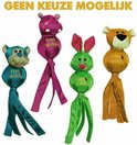 Vier Wubba speelgoed: blauwe aap, paarse nijlpaard, groene konijn en oranje leeuw.