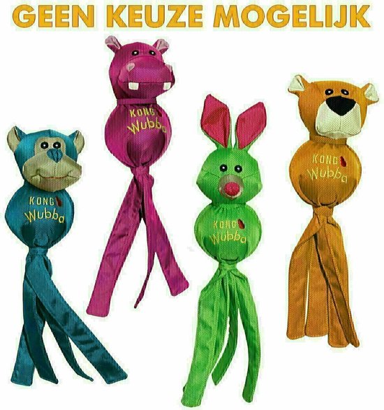 Vier Wubba speelgoed: blauwe aap, paarse nijlpaard, groene konijn en oranje leeuw.