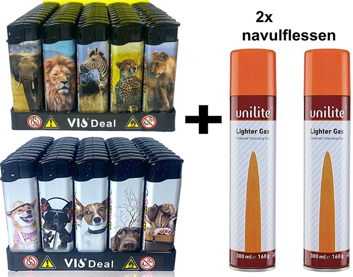 Goedkoopste 100x Navulbaar aanstekers - Unilite - Hoge kwaliteit klik aansteker - honden/dieren print - met 2x gasflessen