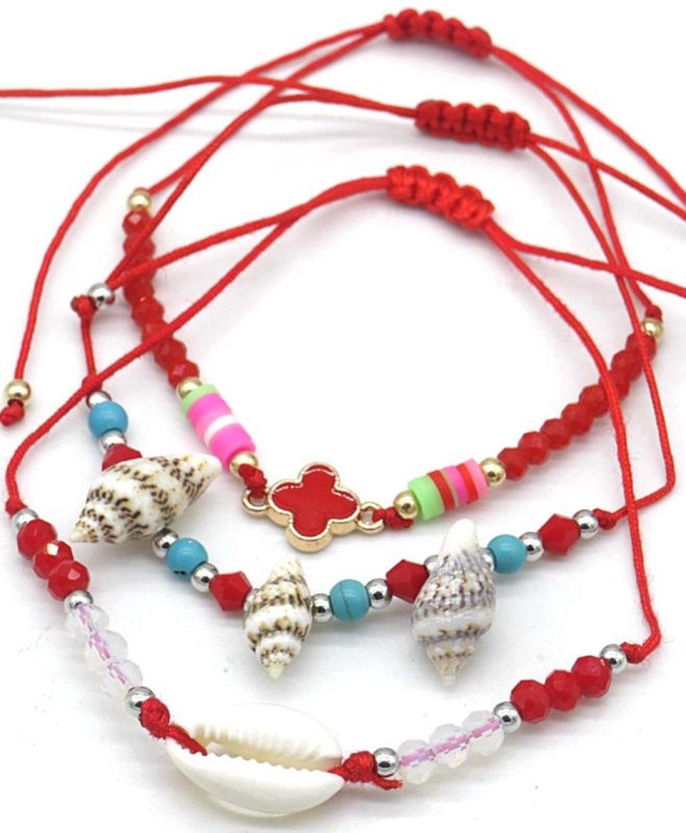 Set Armbanden - Kralen en Schelp - 3 Stuks - Lengte Verstelbaar - Rood