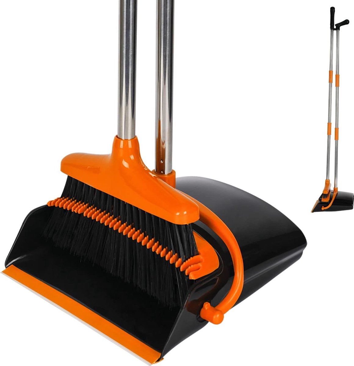 Goedkoopste Lange steel veegset - bezem en veegschep met handvat - tandkam - keuken - thuis - kantoor - vloerreiniging - zwart-oranje