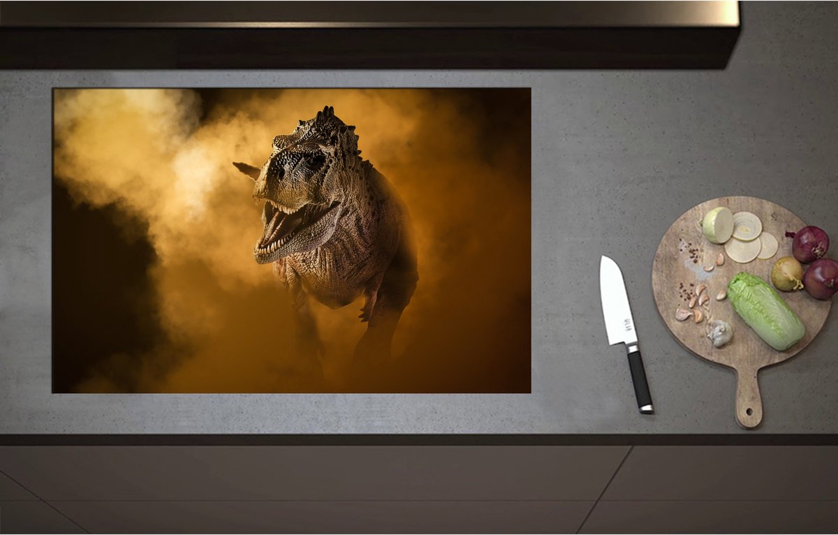 Inductieplaat Beschermer - Angstaanjagend T-rex Dinosaurs vanuit Oranje Mist - 85x55 cm - 2 mm Dik - Inductie Beschermer - Bescherming Inductiekookplaat - Kookplaat Beschermer van Wit Vinyl