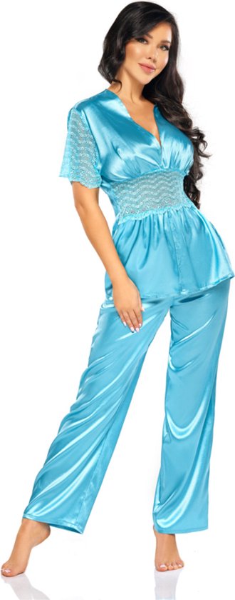 Elegante satijnen pyjama met kant - Beauty Night Missy, Turquoise S/M