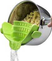 Siliconen vergiet - Veilig handsfree aftappen - Vaatwasmachinebestendig - Past op alle maten pannen - BPA-vrij - Hoge kwaliteit RVS klemmen