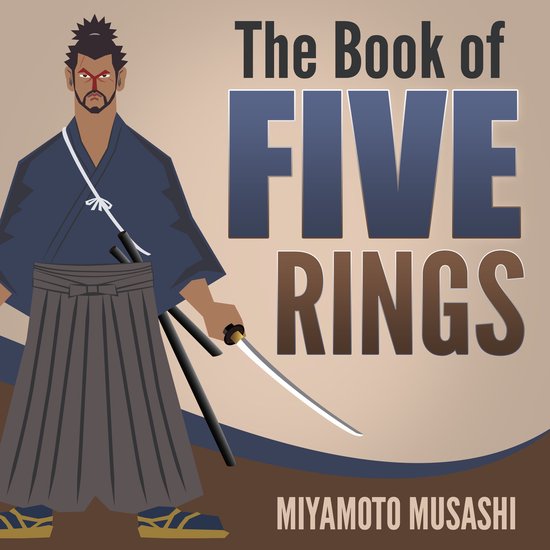 Illustration d'un samouraï tenant une épée, portant un kimono. Texte : The Book of FIVE RINGS Miyamoto Musashi.