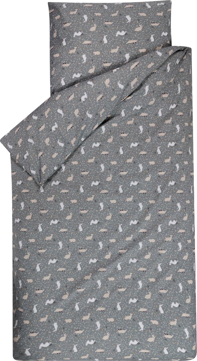 BINK Bedding Dekbedovertrek Bunny 1-persoons 140 x 220 cm - Kussensloop 60 x 70 cm - kleuter - eenpersoons dekbedovertrek - konijn - hermelijn - das - grijs - caramel - beige - dieren - bosdieren - kinderen - kids