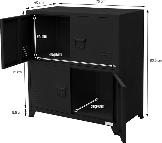 ML-Design archiefkast, 75x40x120 cm, zwart, staal, vrijstaande kantoorkast 4 poten, metalen locker 6 deuren, 3 binnenvakken, industrieel, opbergkast stalen kast metalen kast opbergkast