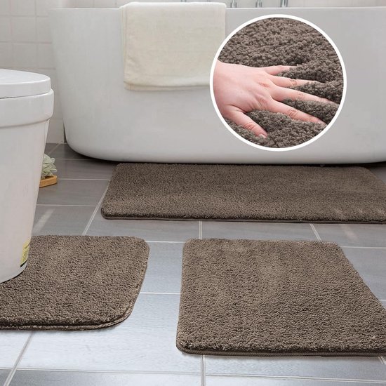 Badmattensets 3 stuks antislip microvezelbadmatten wasbaar 40 x 50 cm U-vormige toiletmat, 50 x 60 cm kleine badmat, 50 x 80 cm badmat (bruin)