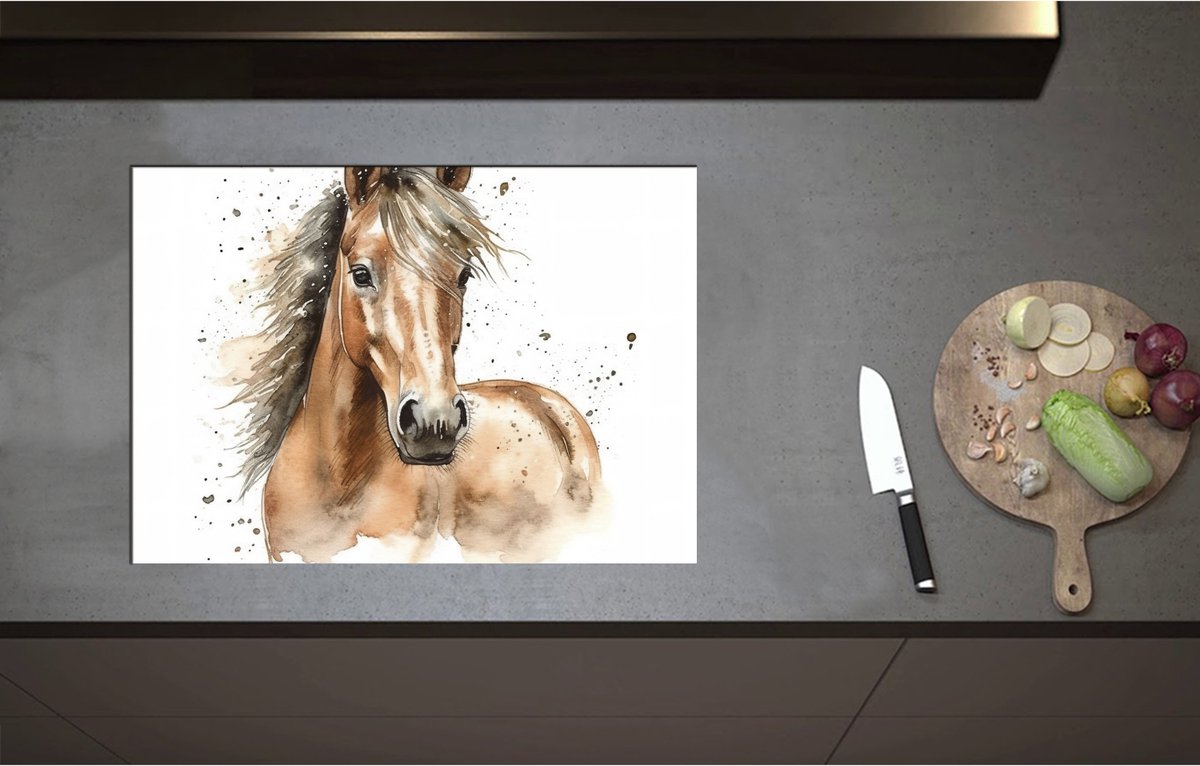 Inductieplaat Beschermer - Acryl Tekening van Kop en Hals van Bruin Paard - 71x50 cm - 2 mm Dik - Inductie Beschermer - Bescherming Inductiekookplaat - Kookplaat Beschermer van Wit Vinyl
