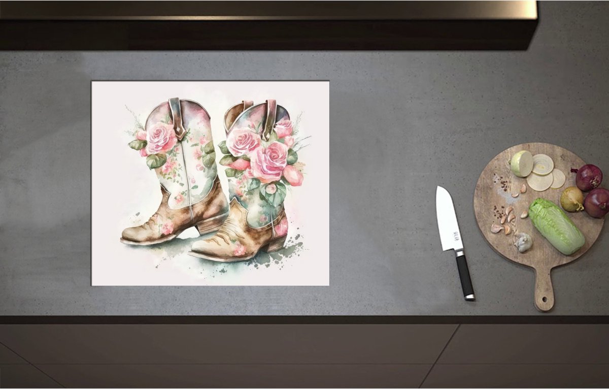 Inductieplaat Beschermer - Acryl Tekening van Cowboy Boots Versierd met Bloemen - 59x51 cm - 2 mm Dik - Inductie Beschermer - Bescherming Inductiekookplaat - Kookplaat Beschermer van Wit Vinyl